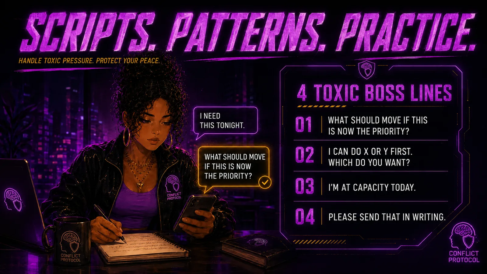 Scripts, patterns, and practice visual with four toxic boss response lines.