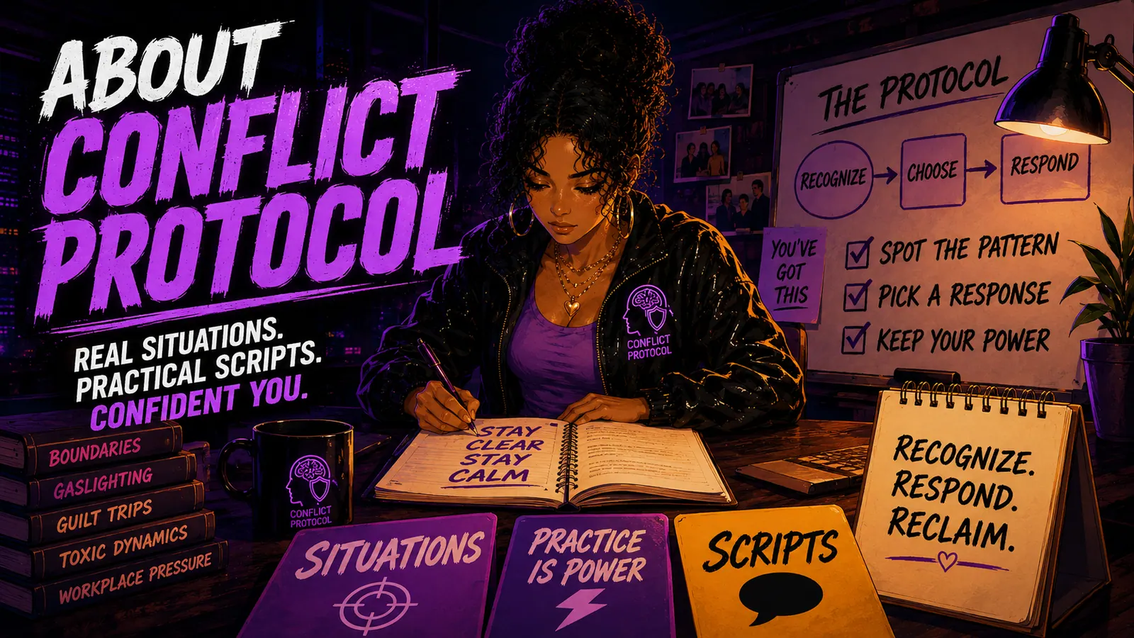 Maya in a calm workshop setting with scripts, situation notes, and practice prompts around her.
