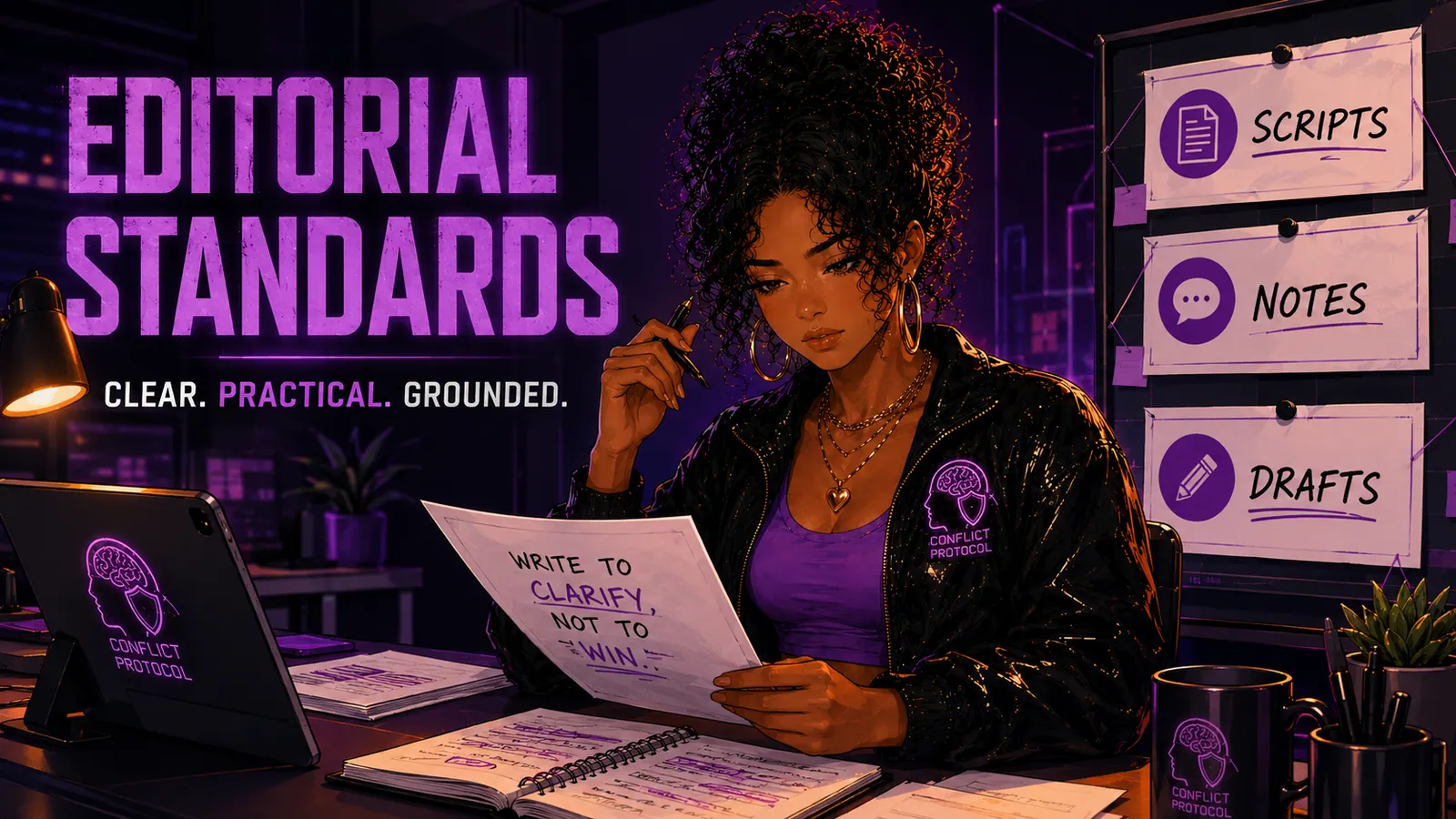 Maya reviewing scripts, conversation notes, and response drafts in a clean editorial workspace.
