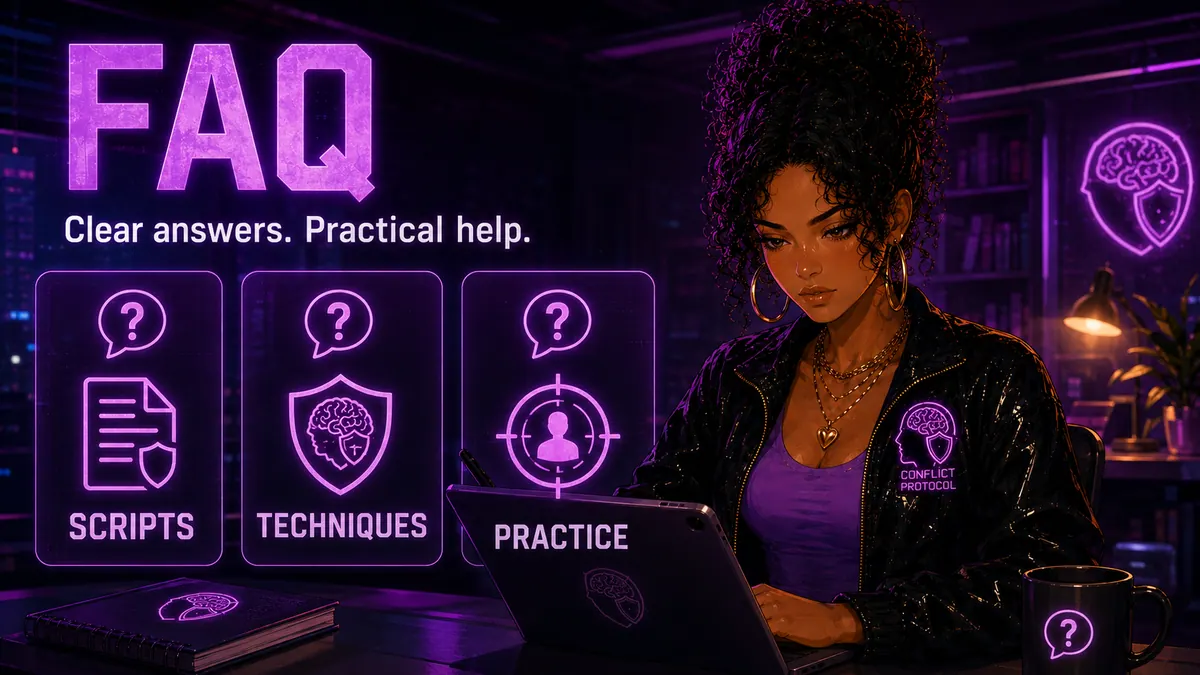 Maya reviewing common questions with visual hints of scripts, techniques, and simulator practice.
