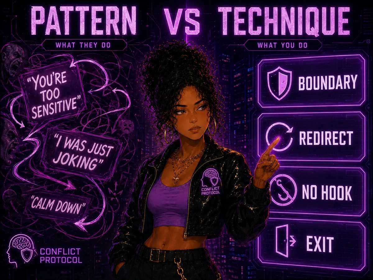 A clear two-column visual showing pattern as what they are doing and technique as what you do.