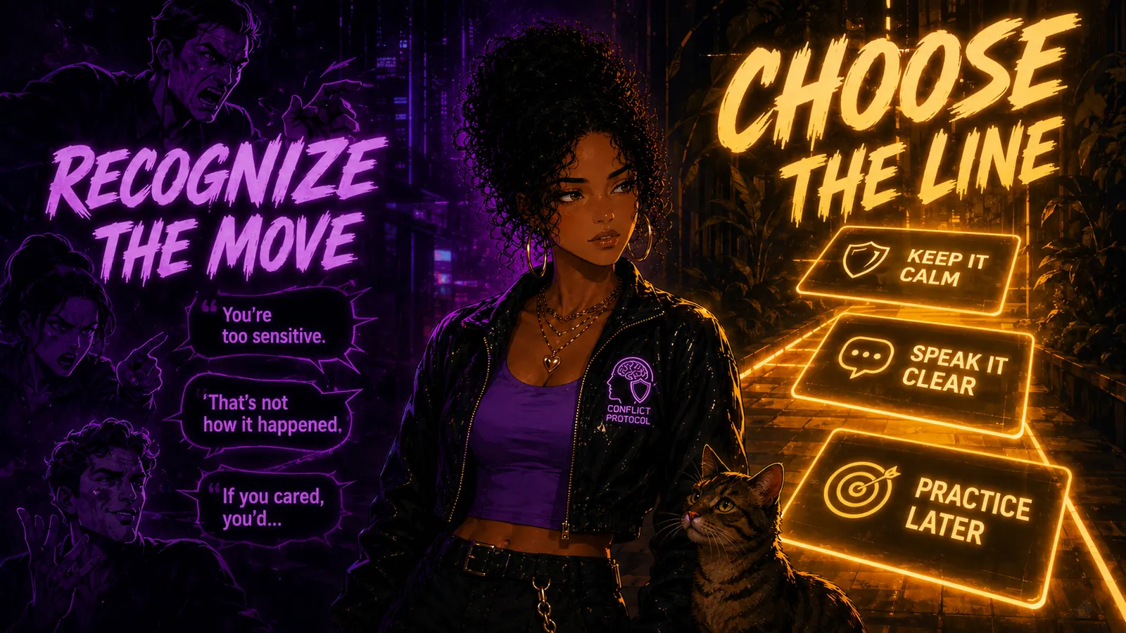 Maya at a calm decision point between pressure phrases and a clear path of response cards.