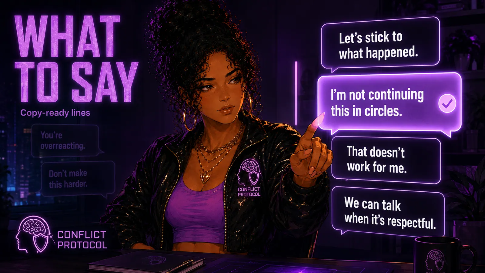 Maya selecting one calm boundary line from clear speech cards while pressure phrases fade behind her.