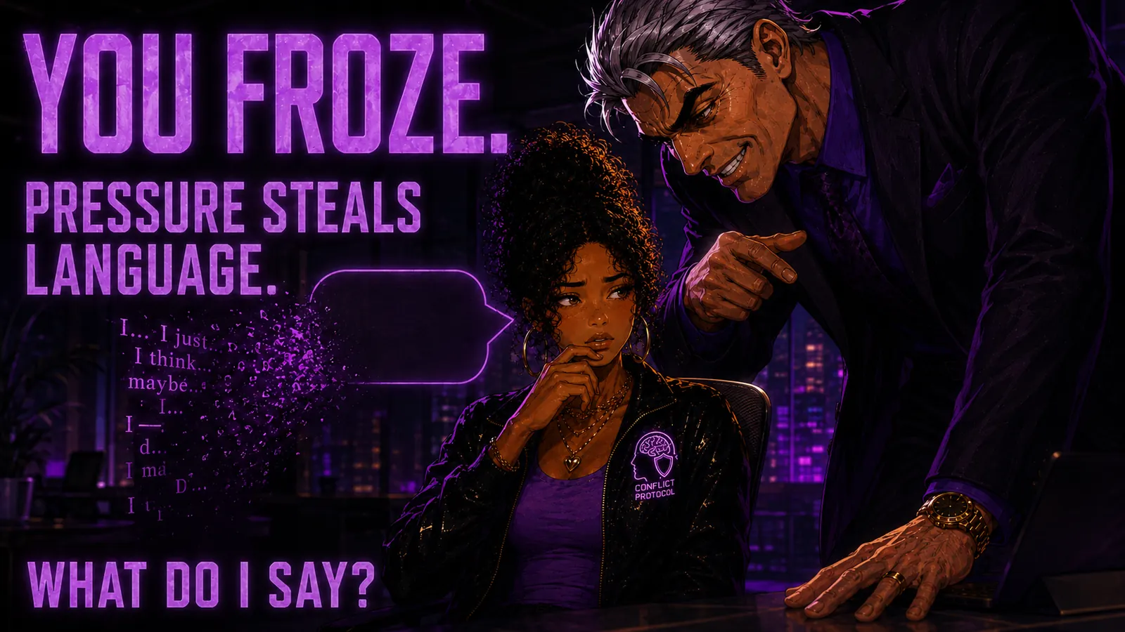 Pressure steals language while Maya freezes under a demanding workplace conversation.