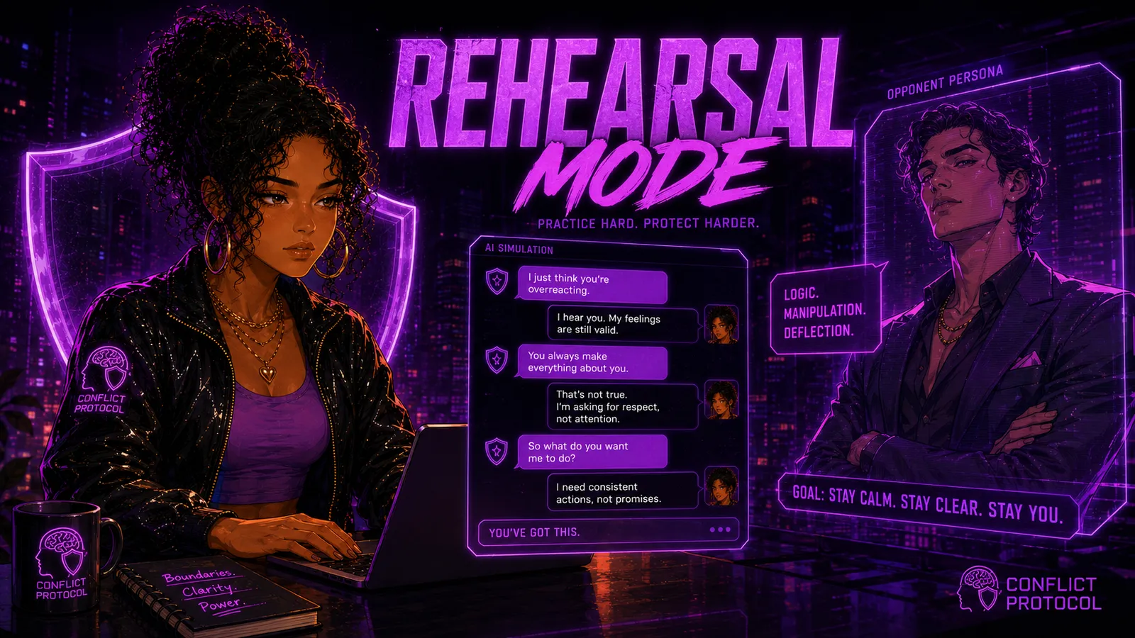 Maya rehearses a reply in the Conflict Protocol practice simulator.