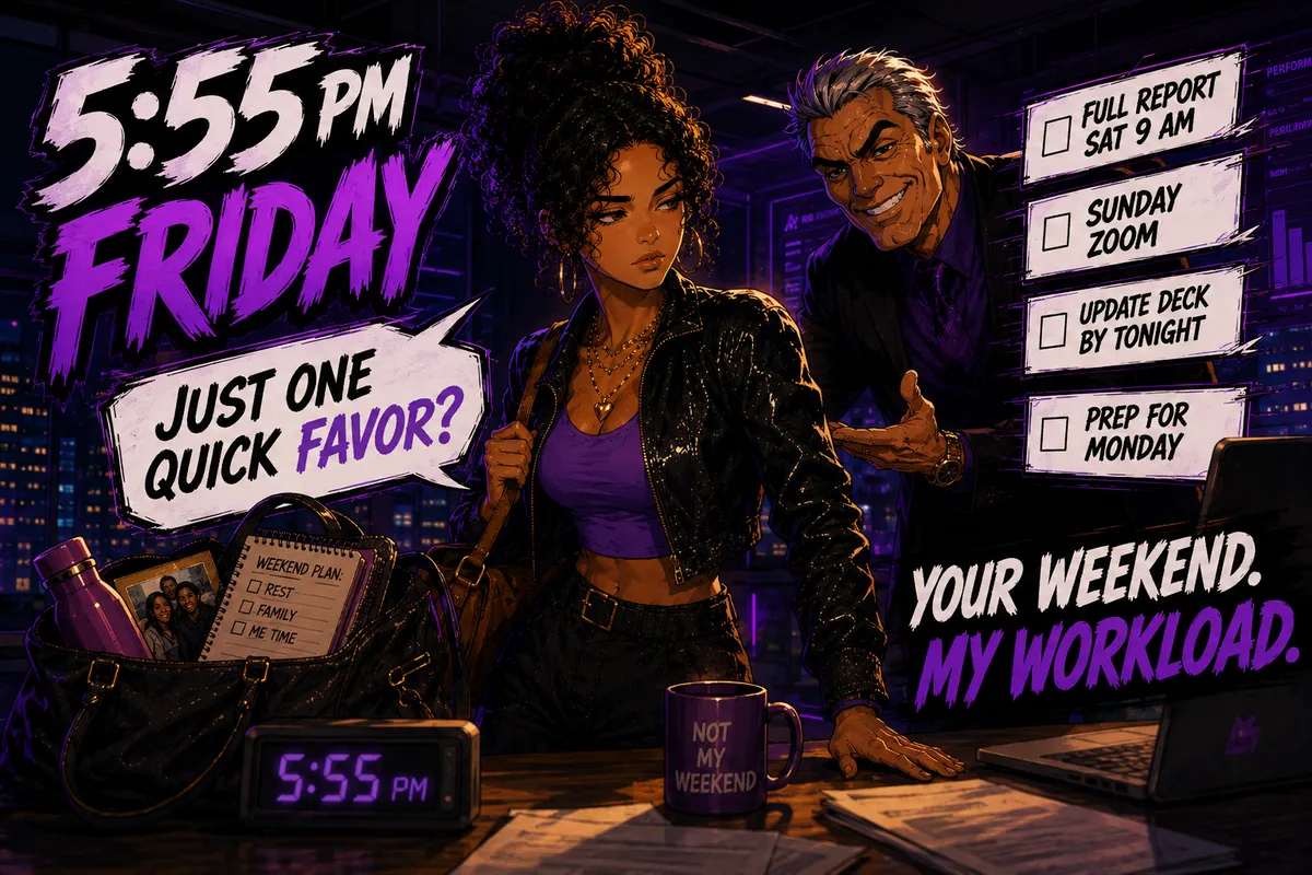 A late Friday work request expands into weekend tasks.