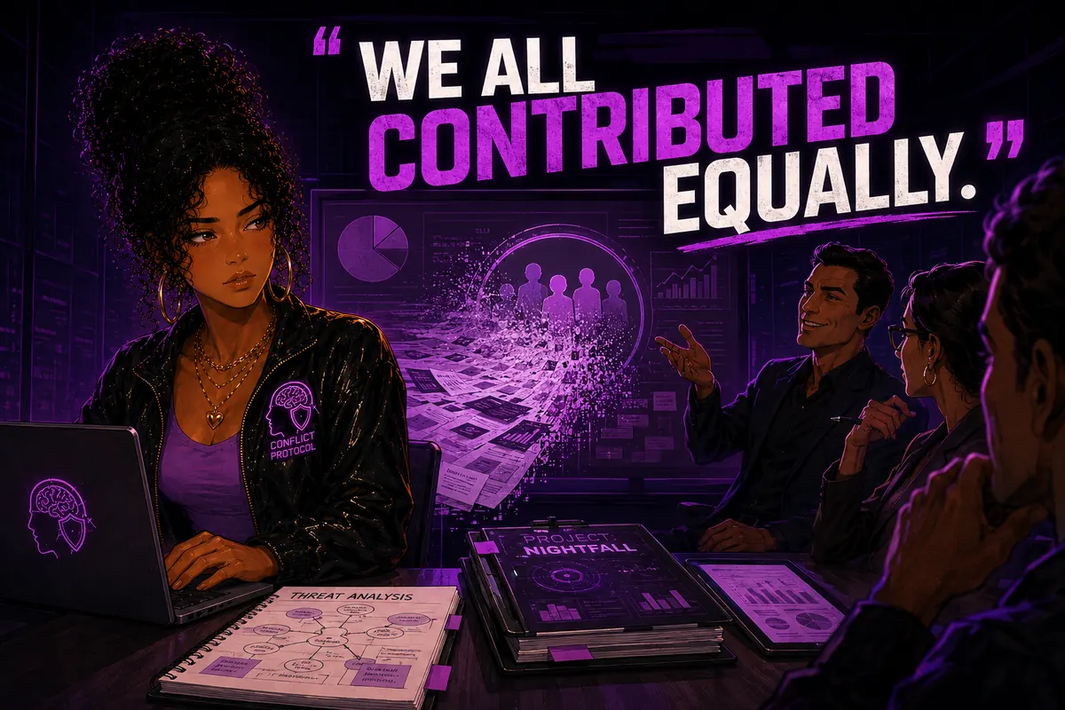 A workplace project is presented as equal teamwork while one person's contribution carries most of the work.